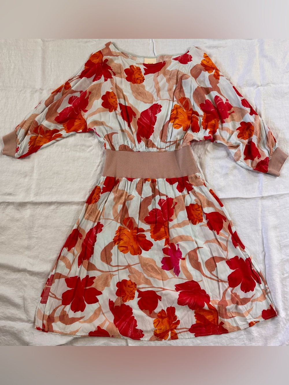 Maeve Anthropologie Colette Smocked Floral Midi Dress Red Orange M